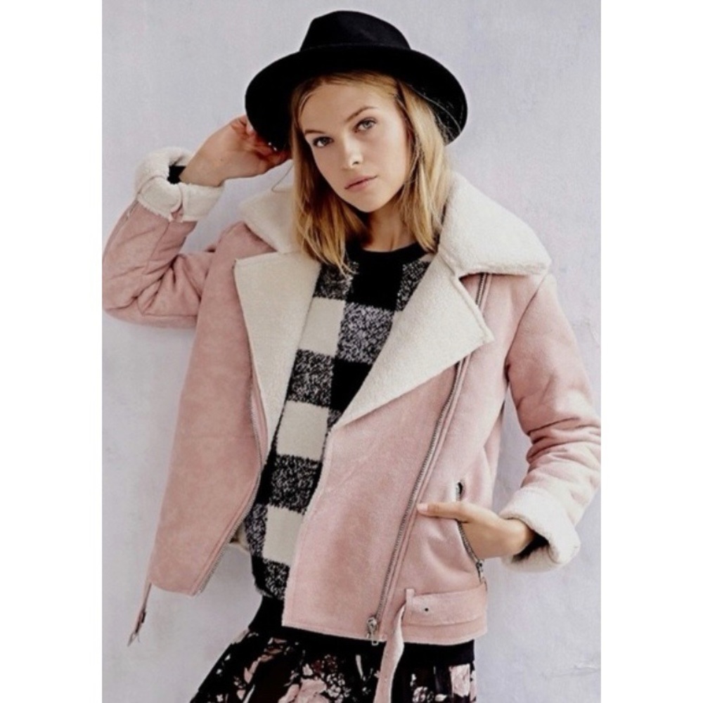 Urban Outfitters Pink Sherpa Moto Jacket